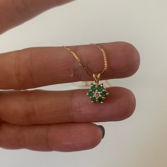 14K Gold Emerald & Diamond Necklace - Picture 2 of 4